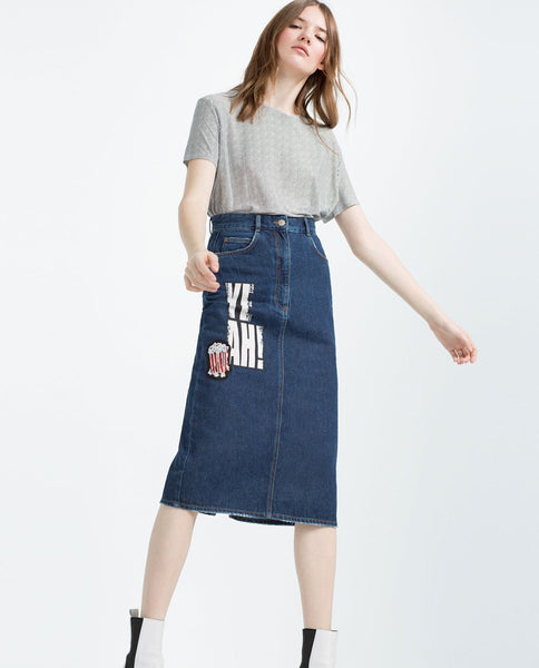 "I AM DENIM" COLLECTION TUBE SKIRT WITH PATCHES